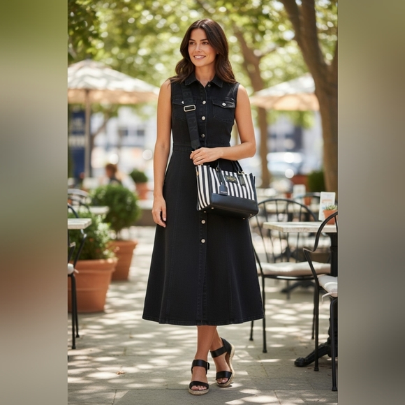 Kurt Geiger Chiswilk Black & White Striped Crossbody/Sachel w/Leather Trim, NWT - Picture 2 of 6